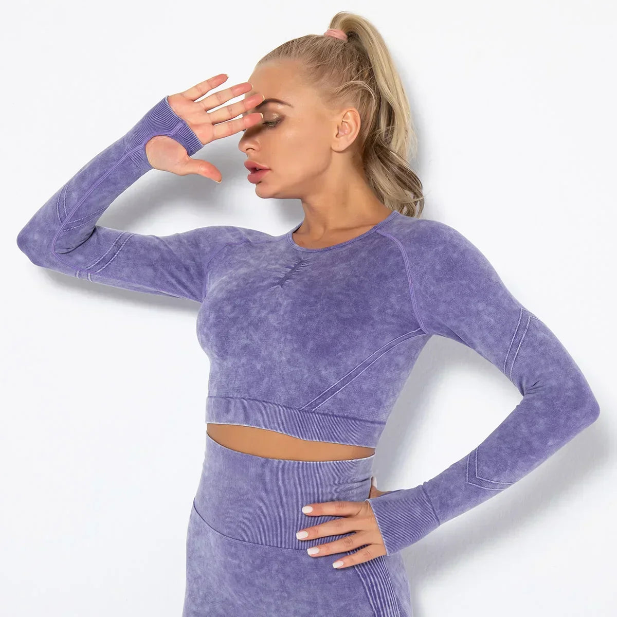 Women's Seamless Cropped Yoga Top Long Sleeve Crew Neck