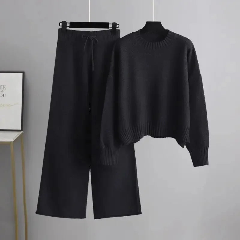 Women's Ribbed Knit Two-Piece Set Round Neck Jumper