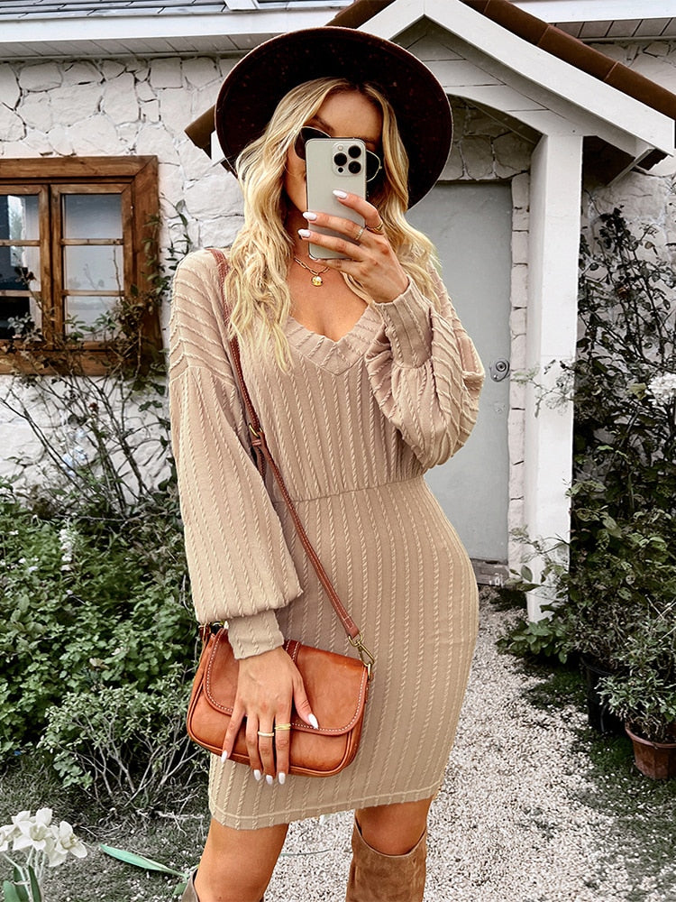 Women’s V-Neck Textured Knit Jumper Dress
