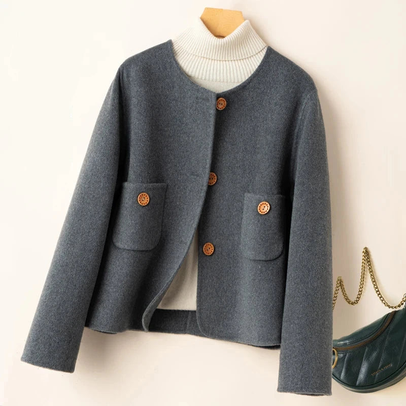 Women's Elegant Cropped Wool Blend Jacket with Round Neck and Button Front – Relaxed Fit Short Tailored Outerwear with Patch Pockets and Long Sleeves for Smart Casual Office Wear and Autumn Spring Layering