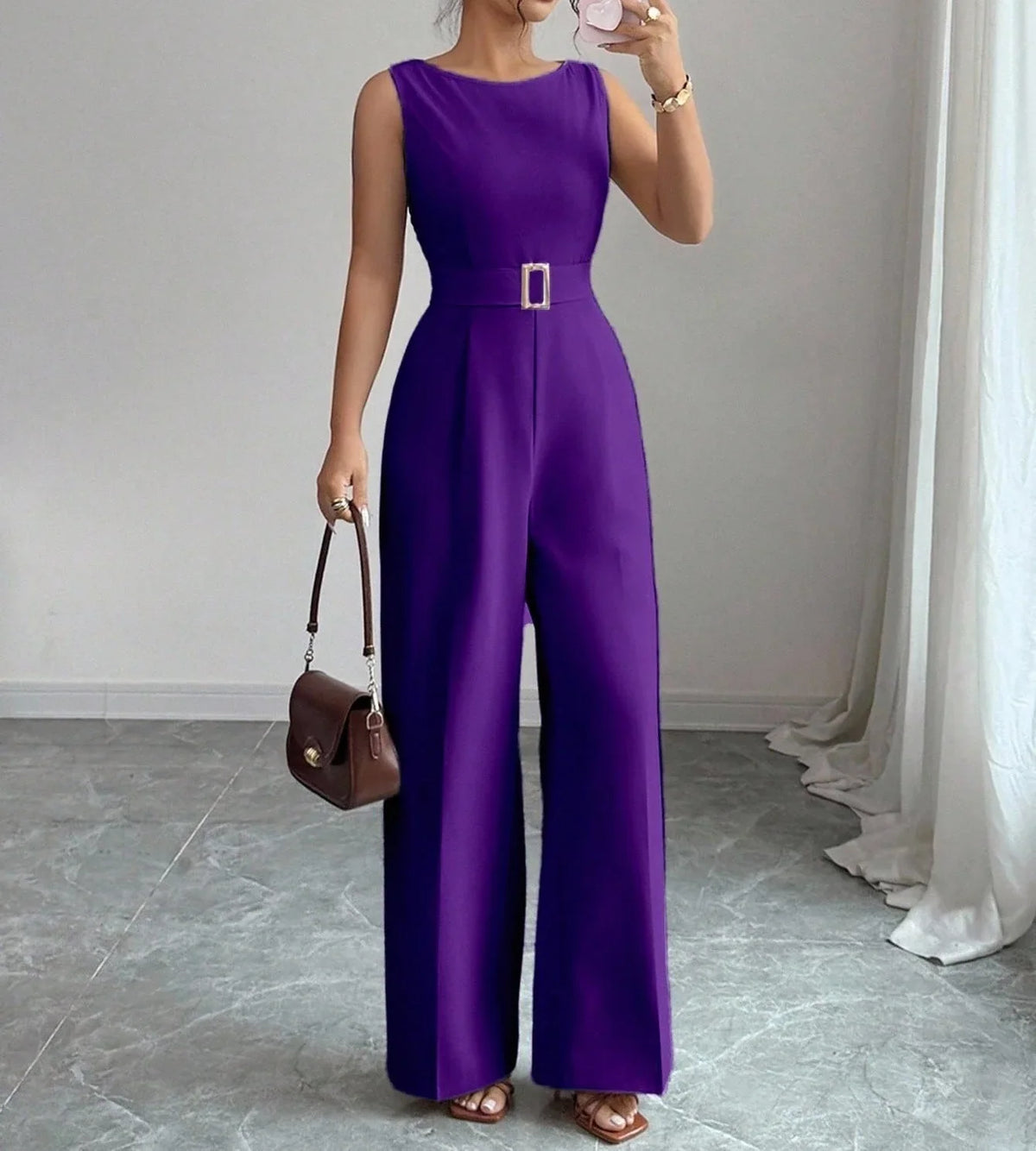 Women's Sleeveless Wide Leg Belted Jumpsuit