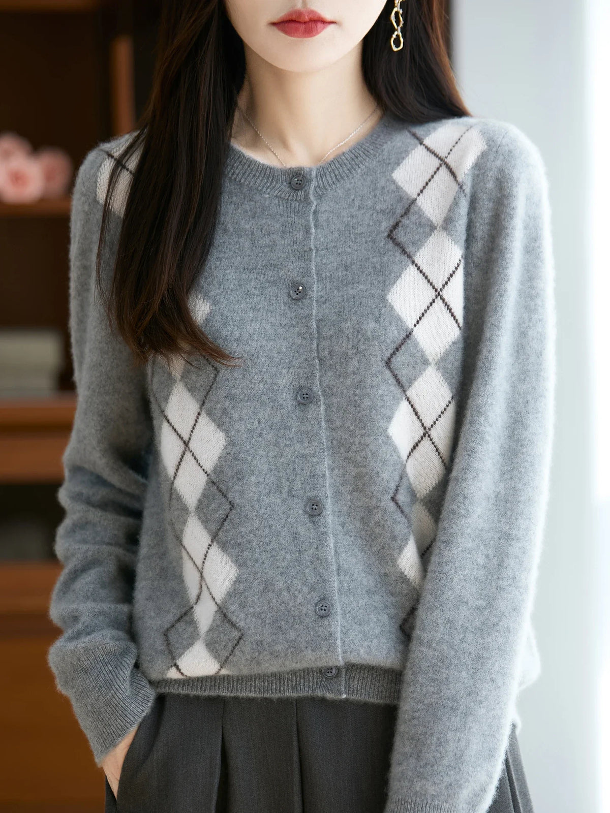 Trieste Argyle Merino Wool Blend Cardigan