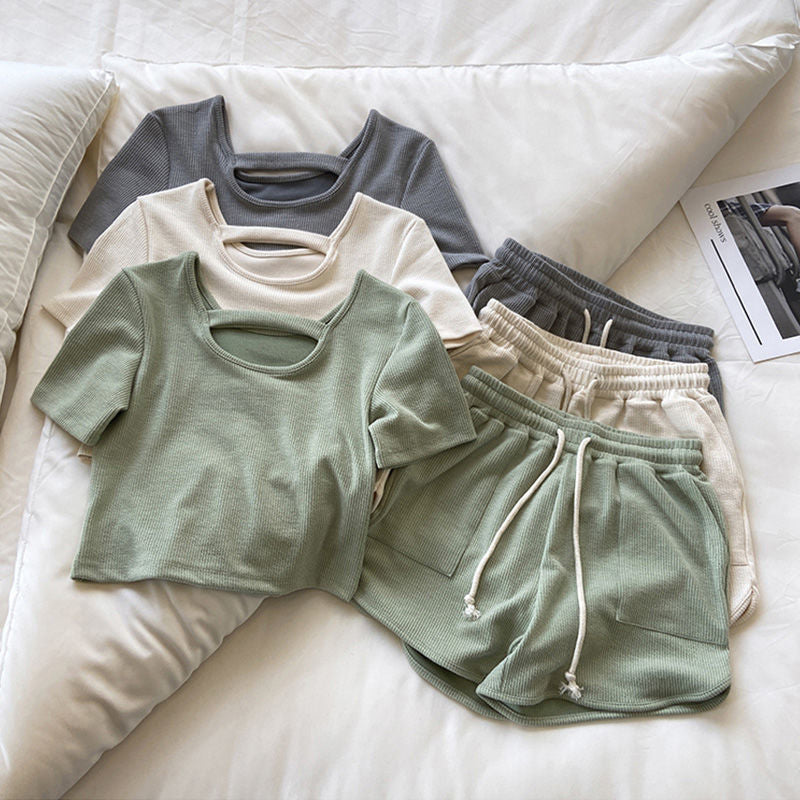 Women's Ribbed Loungewear Set Short Sleeve with Shorts