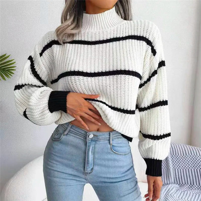 Women’s Striped Knitted Sweater with Ribbed High Neck and Contrast Cuffs – Relaxed Fit Chunky Knitwear for Casual Autumn and Winter Dressing