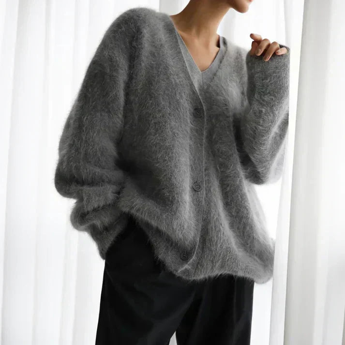 Women's V-Neck Button-Front Cardigan with Drop Shoulders