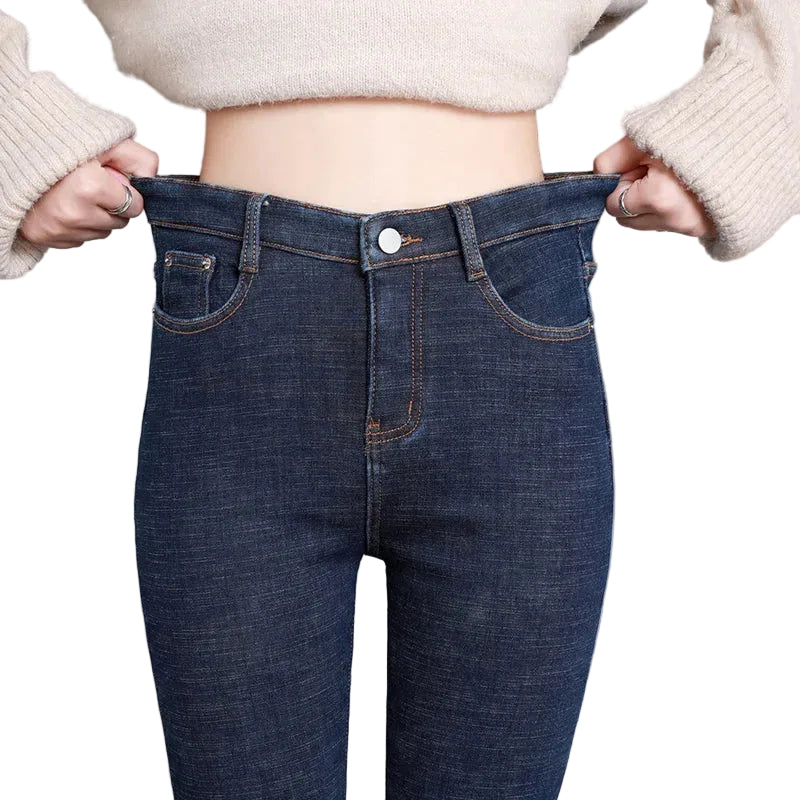Women's Warm Fleece Lined Denim Jeans with High Waist and Stretch Fit – Thick Insulated Long Winter Trousers with Soft Plush Interior for Comfortable Casual Everyday Wear in Cold Weather