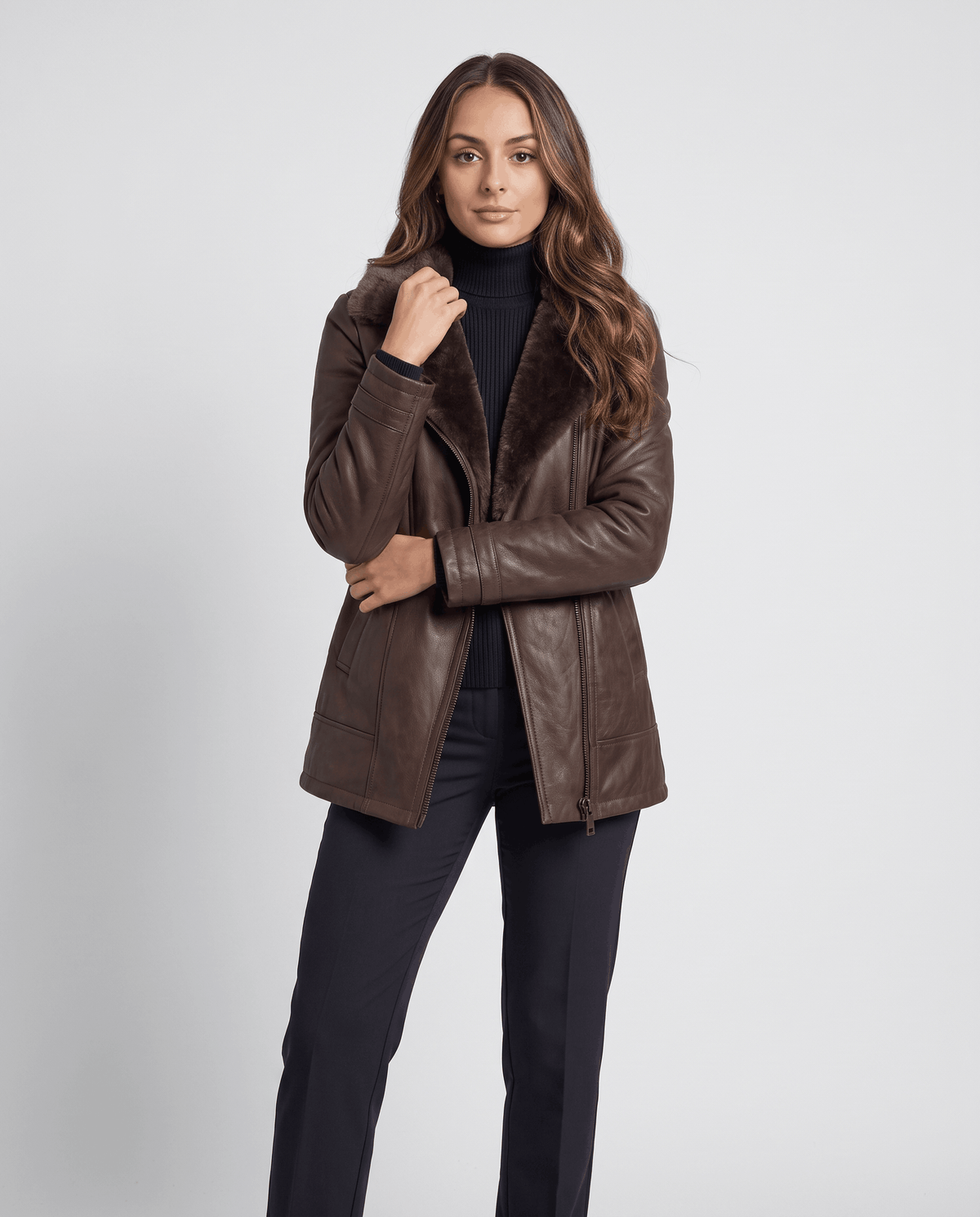 Shearling Leather Jacket – Oversized Collar & Full-Zip Front | Emilia
