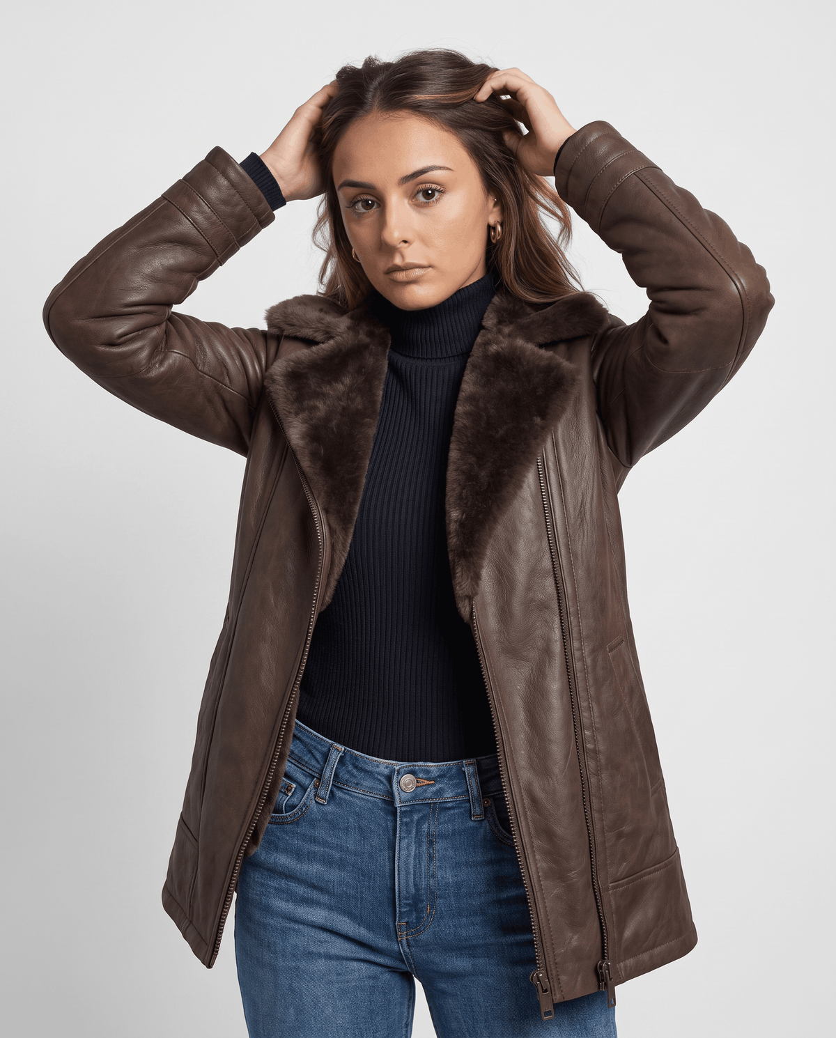 Shearling Leather Jacket – Oversized Collar & Full-Zip Front | Emilia