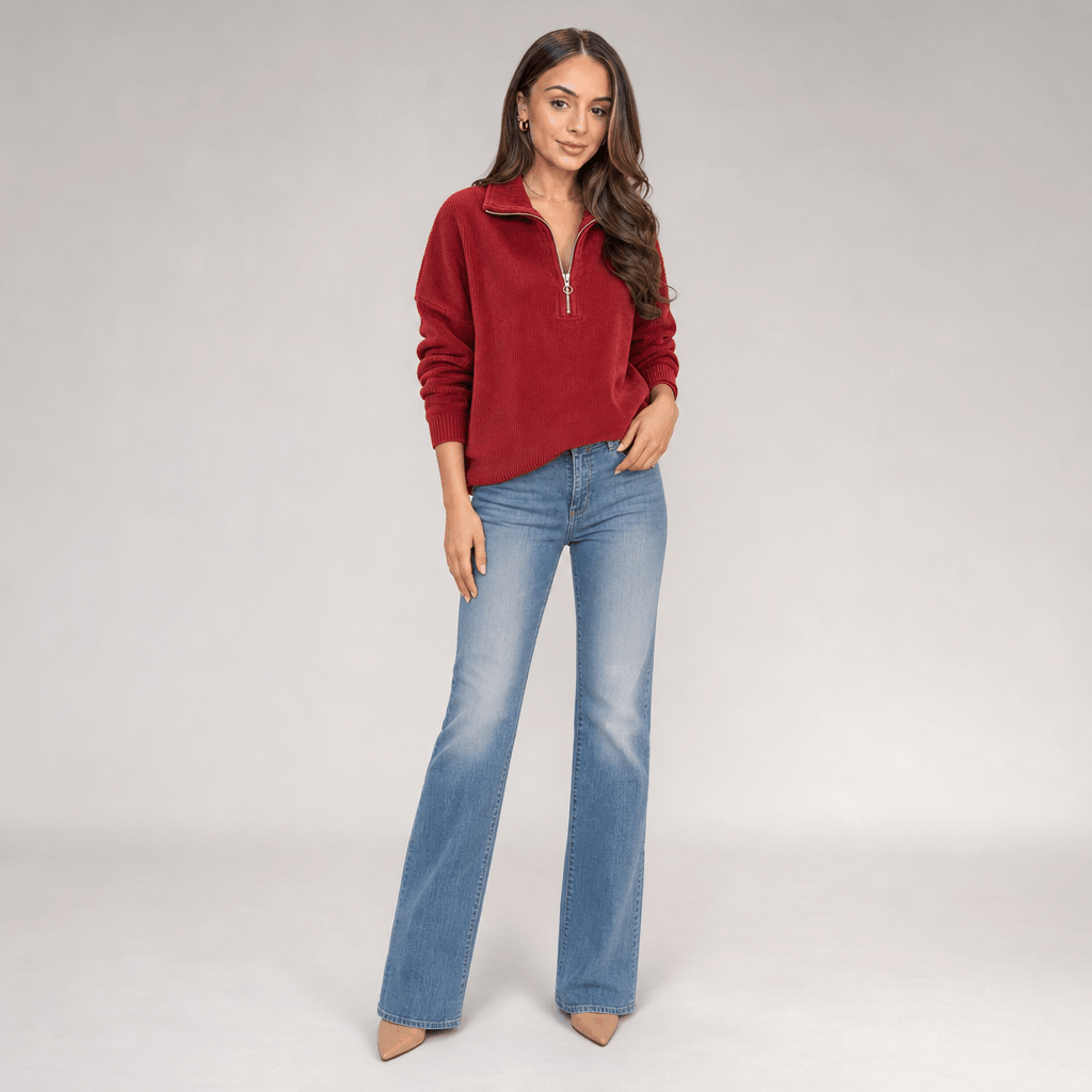Sherine Ribbed Half Zip Sweater – Stand Collar Relaxed Fit Long Sleeve Knit Everyday Pullover