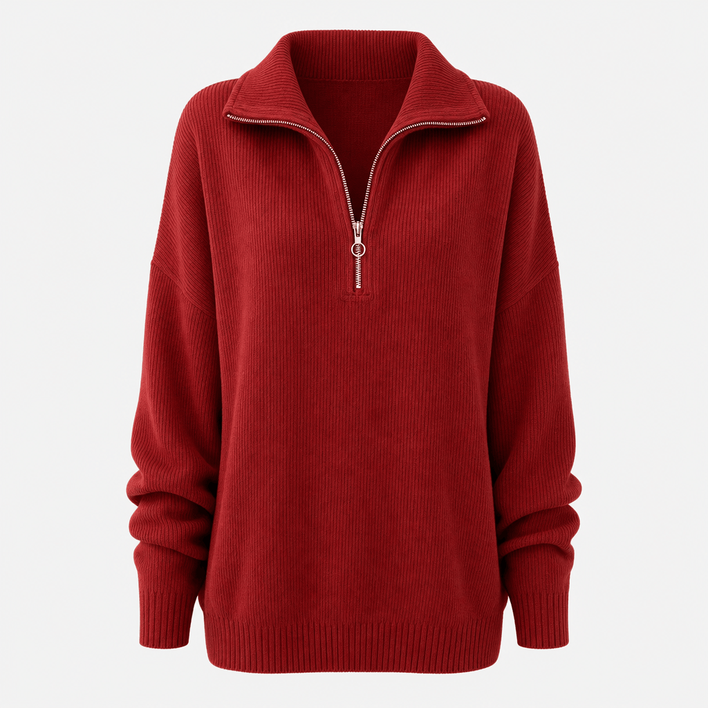 Sherine Ribbed Half Zip Sweater – Stand Collar Relaxed Fit Long Sleeve Knit Everyday Pullover