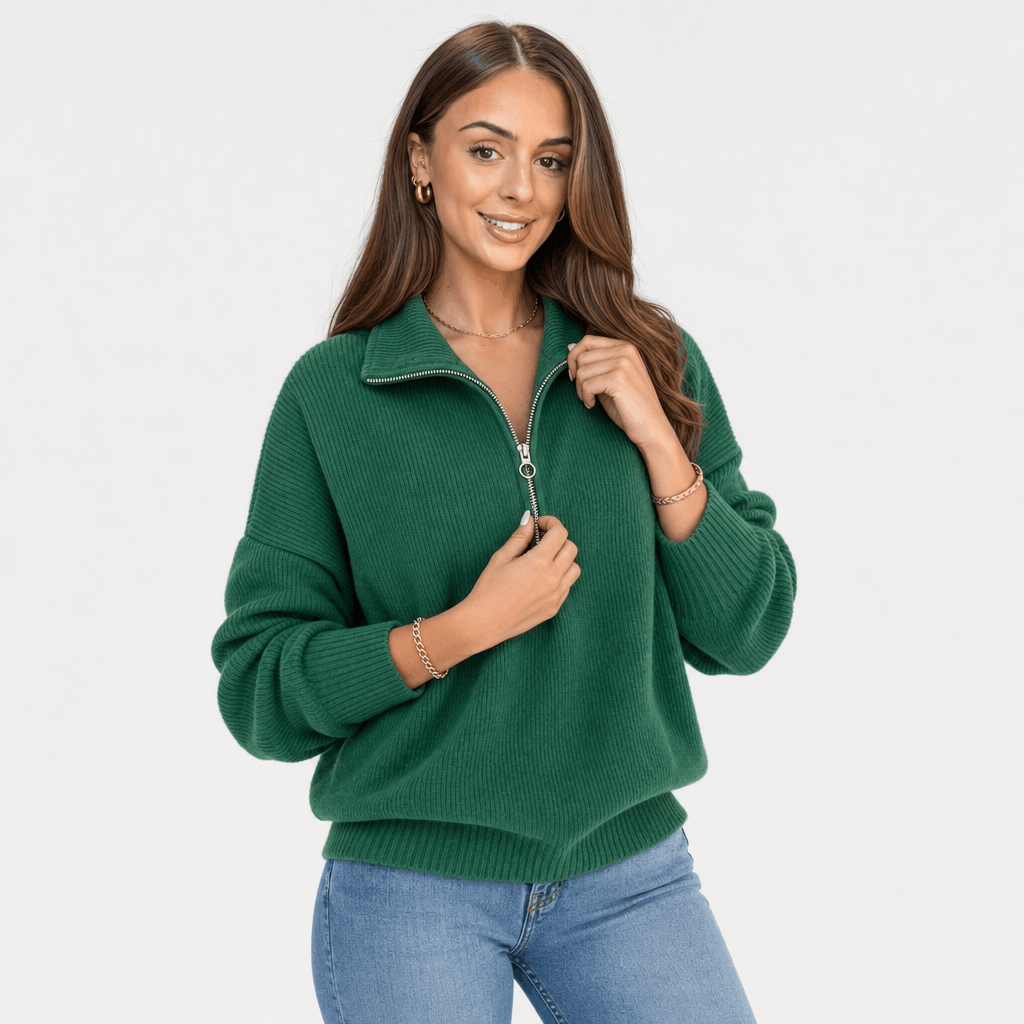 Sherine Ribbed Half Zip Sweater – Stand Collar Relaxed Fit Long Sleeve Knit Everyday Pullover
