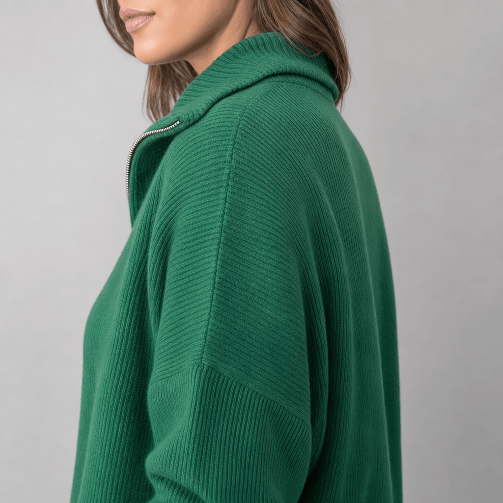 Sherine Ribbed Half Zip Sweater – Stand Collar Relaxed Fit Long Sleeve Knit Everyday Pullover