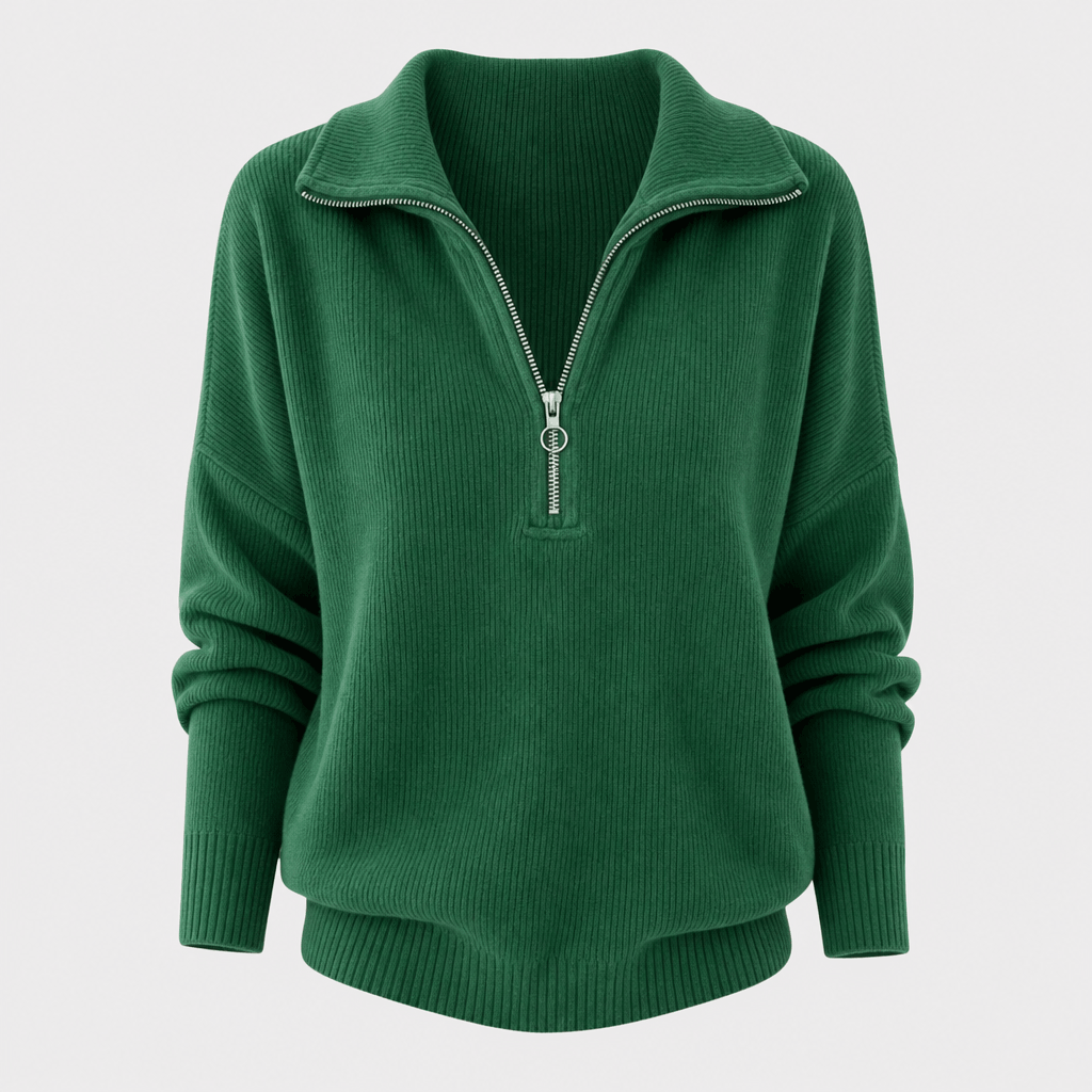 Sherine Ribbed Half Zip Sweater – Stand Collar Relaxed Fit Long Sleeve Knit Everyday Pullover