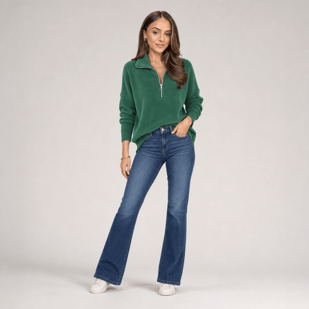 Sherine Ribbed Half Zip Sweater – Stand Collar Relaxed Fit Long Sleeve Knit Everyday Pullover