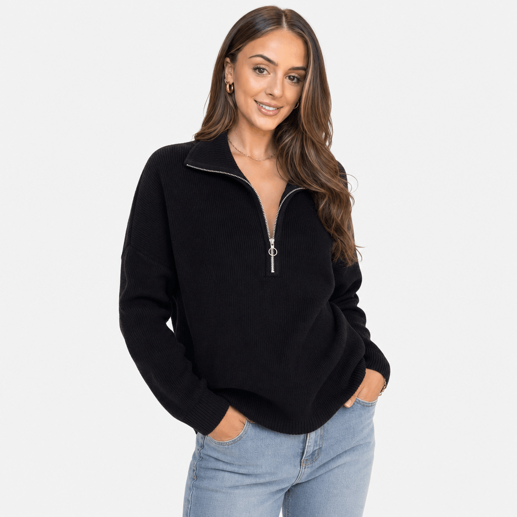 Sherine Ribbed Half Zip Sweater – Stand Collar Relaxed Fit Long Sleeve Knit Everyday Pullover