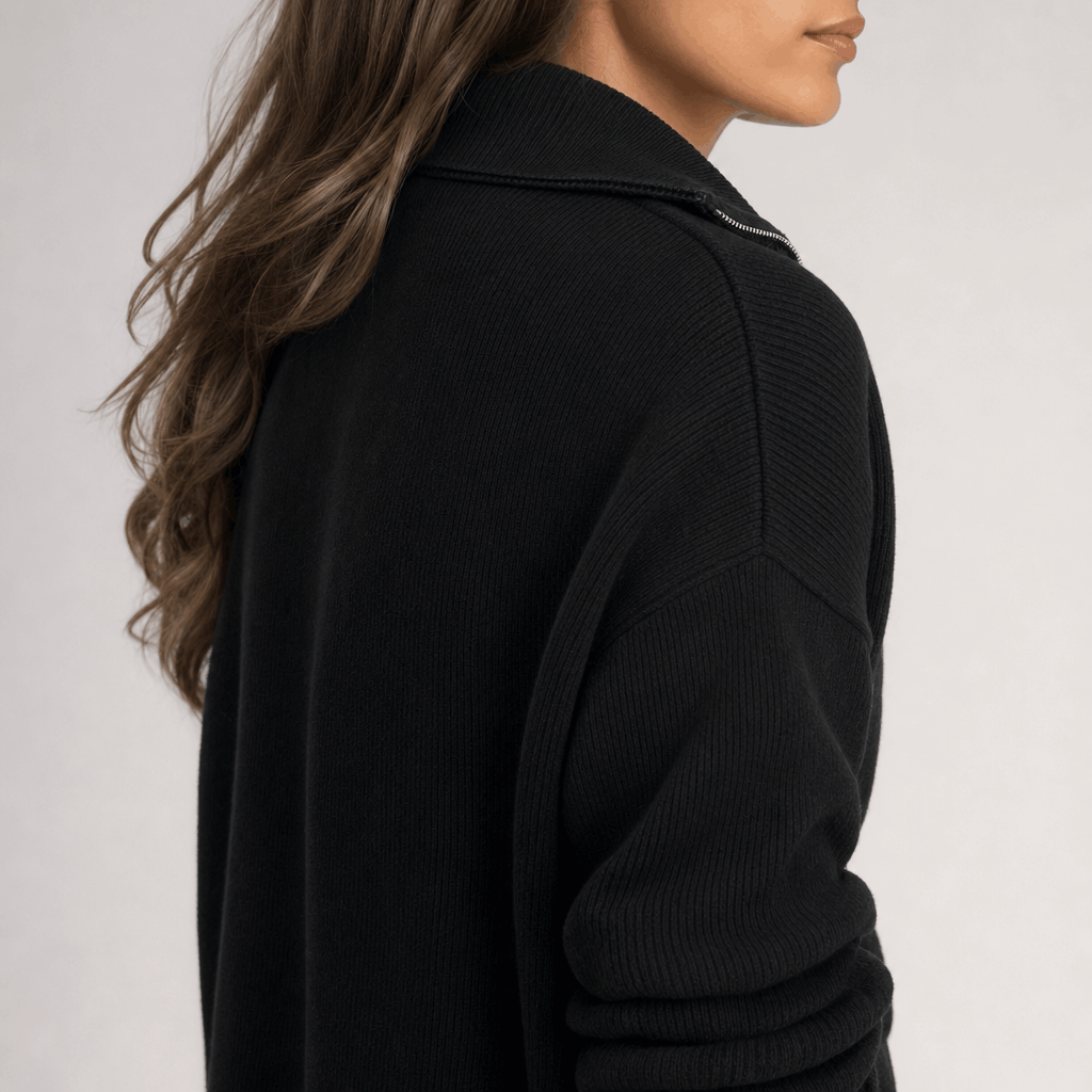Sherine Ribbed Half Zip Sweater – Stand Collar Relaxed Fit Long Sleeve Knit Everyday Pullover