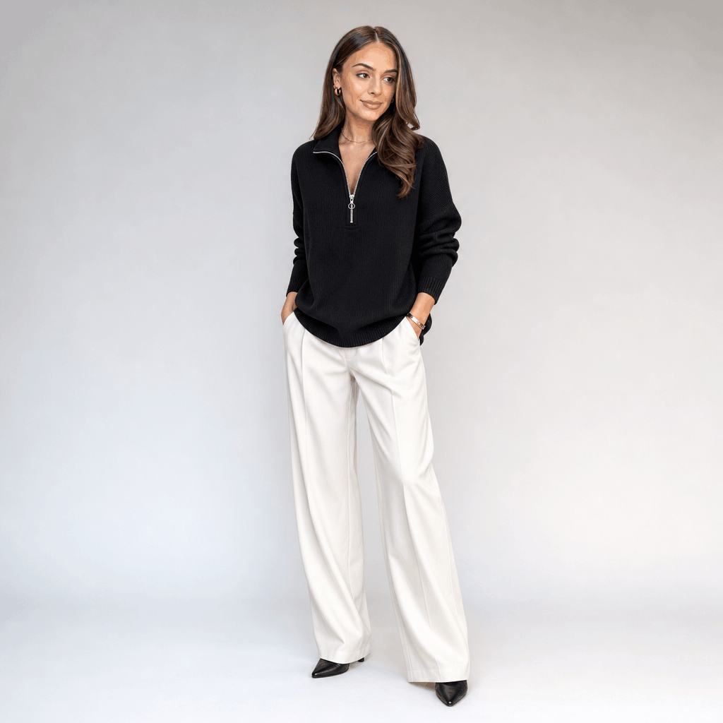 Sherine Ribbed Half Zip Sweater – Stand Collar Relaxed Fit Long Sleeve Knit Everyday Pullover