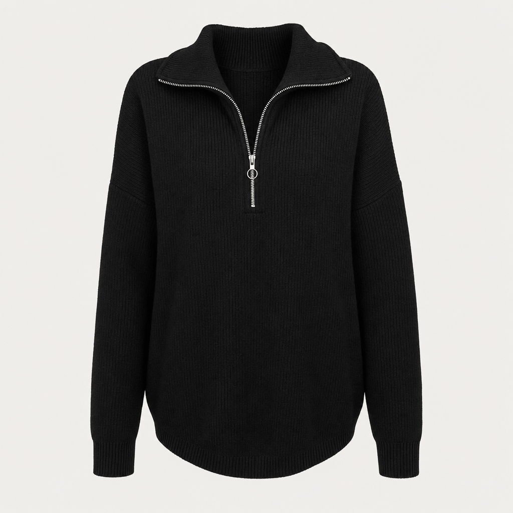 Sherine Ribbed Half Zip Sweater – Stand Collar Relaxed Fit Long Sleeve Knit Everyday Pullover