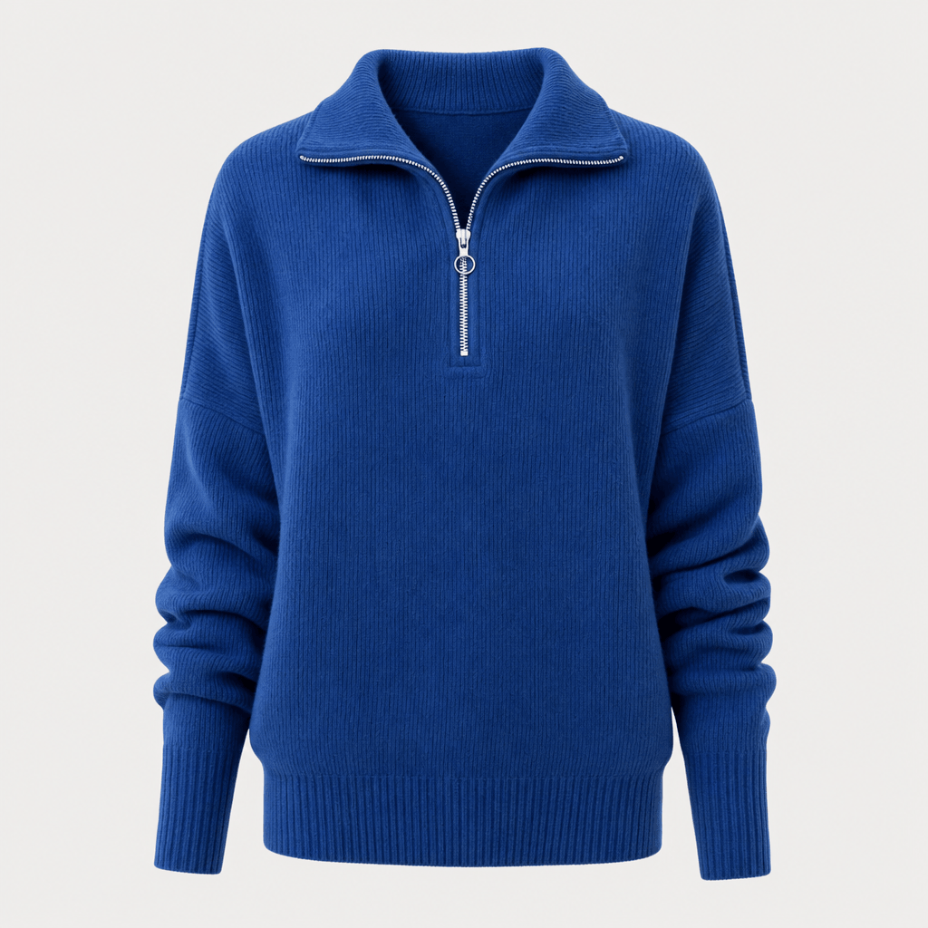 Sherine Ribbed Half Zip Sweater – Stand Collar Relaxed Fit Long Sleeve Knit Everyday Pullover