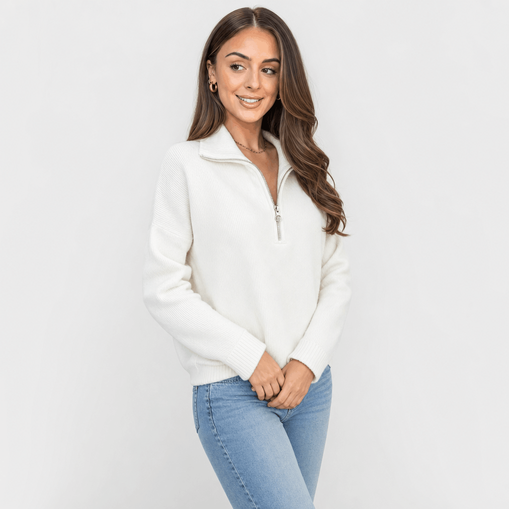 Sherine Ribbed Half Zip Sweater – Stand Collar Relaxed Fit Long Sleeve Knit Everyday Pullover