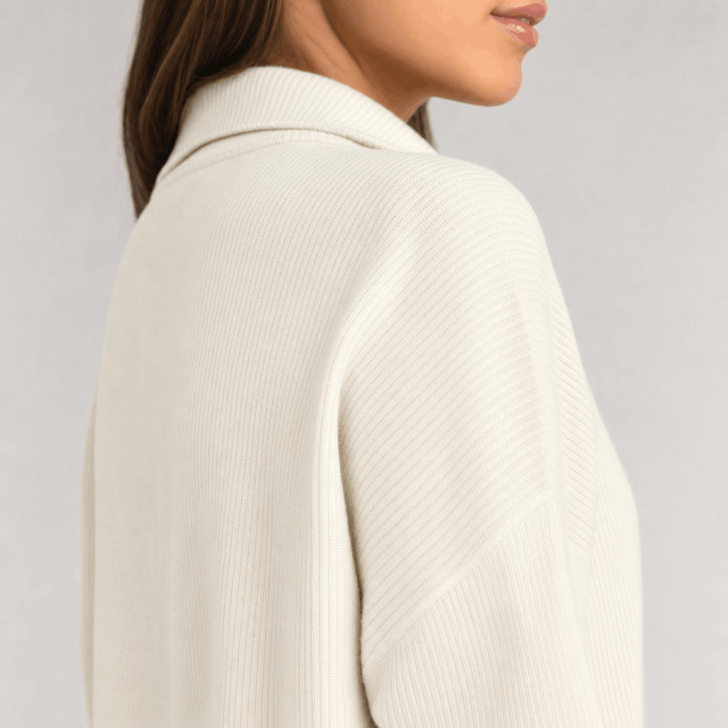 Sherine Ribbed Half Zip Sweater – Stand Collar Relaxed Fit Long Sleeve Knit Everyday Pullover