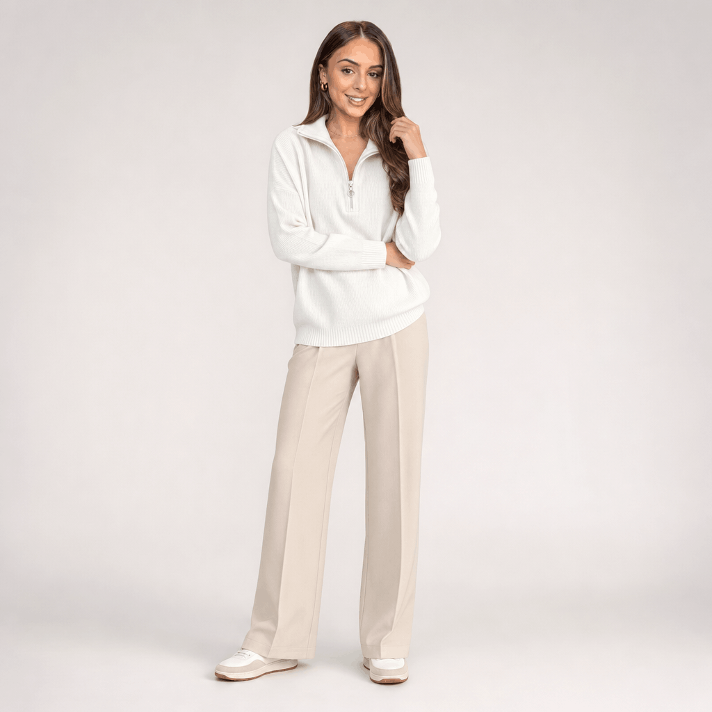 Sherine Ribbed Half Zip Sweater – Stand Collar Relaxed Fit Long Sleeve Knit Everyday Pullover