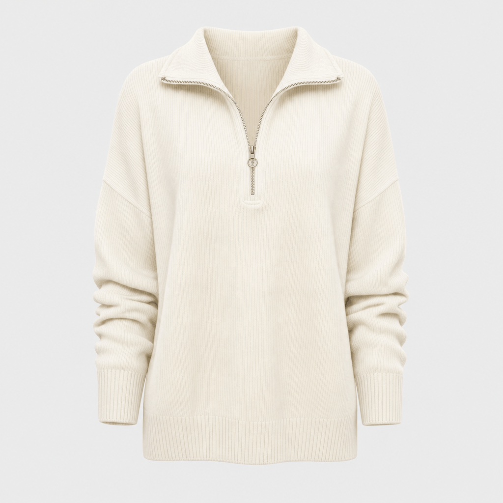 Sherine Ribbed Half Zip Sweater – Stand Collar Relaxed Fit Long Sleeve Knit Everyday Pullover