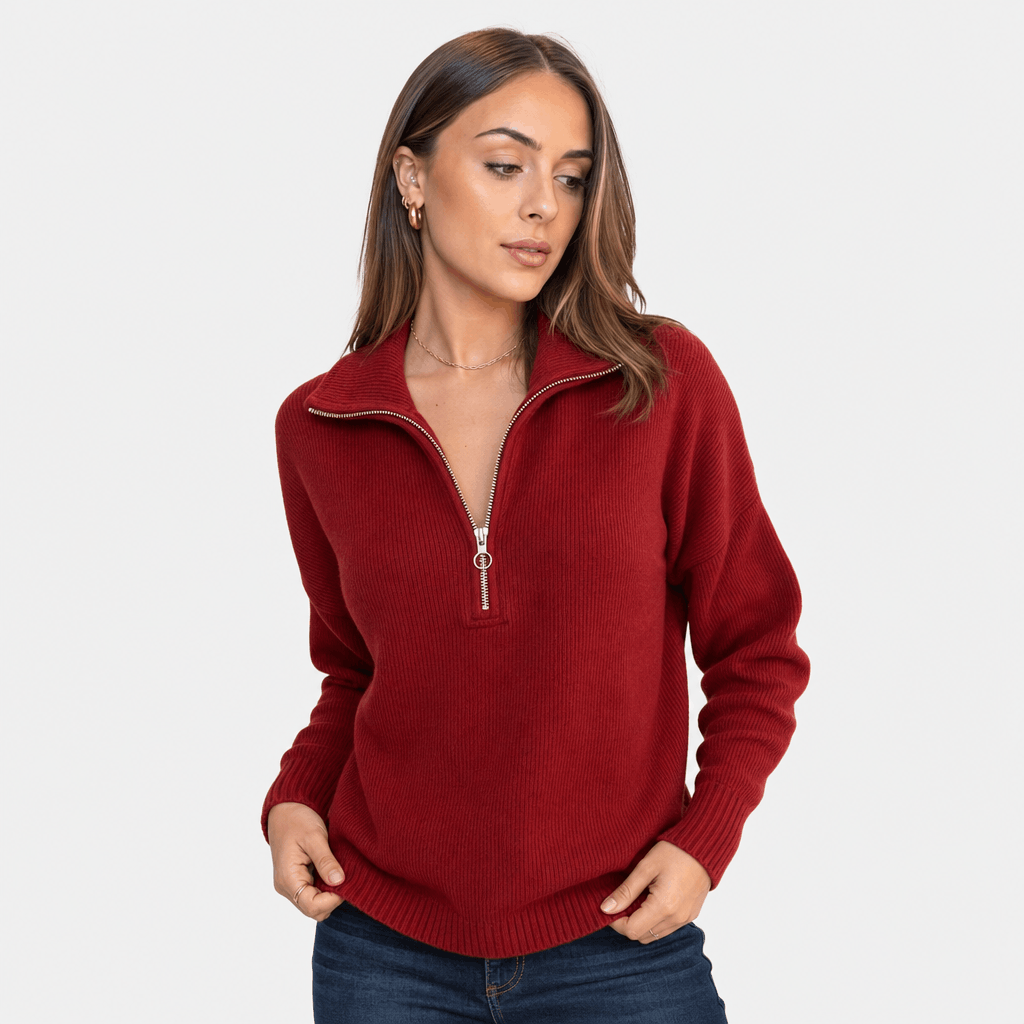 Sherine Ribbed Half Zip Sweater – Stand Collar Relaxed Fit Long Sleeve Knit Everyday Pullover