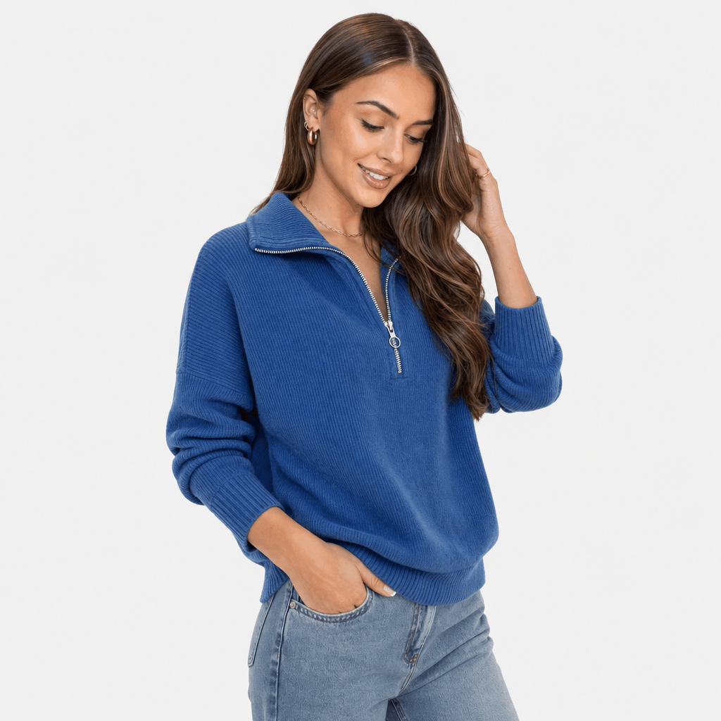 Sherine Ribbed Half Zip Sweater – Stand Collar Relaxed Fit Long Sleeve Knit Everyday Pullover