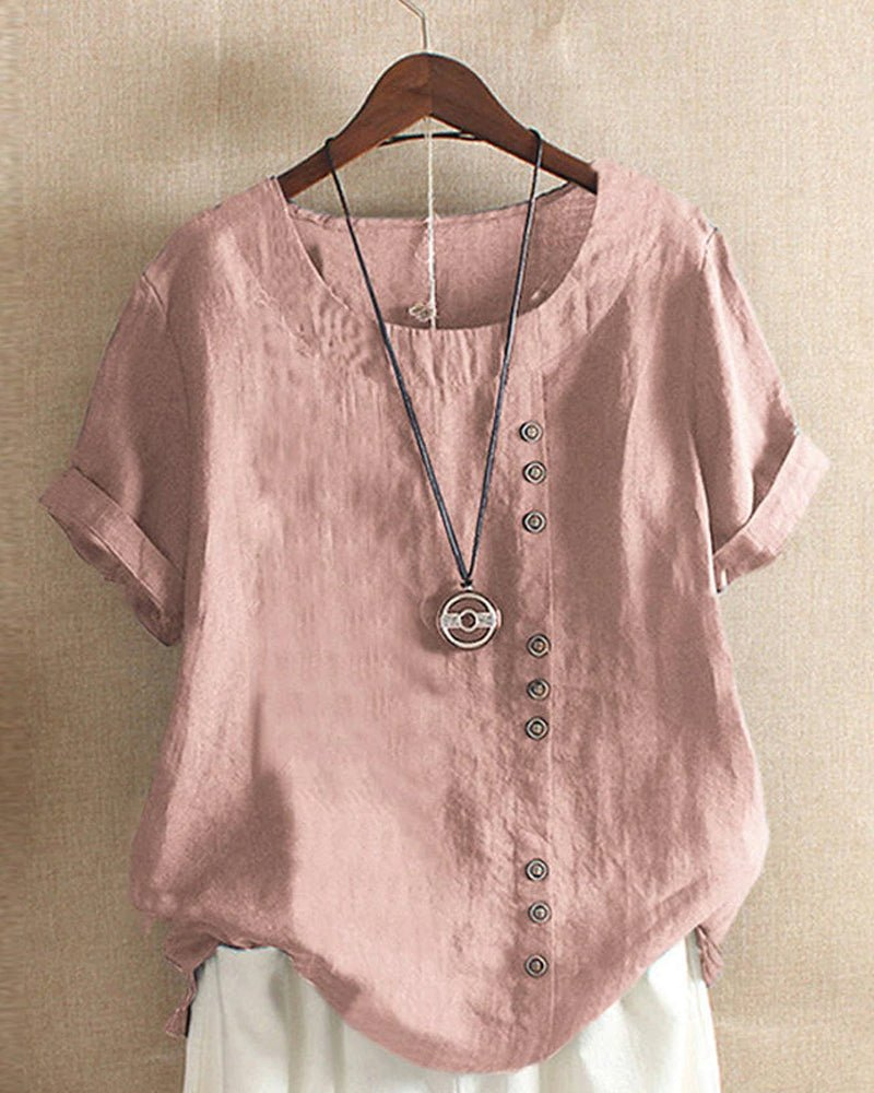 Women's Linen Tunic Top | Short Sleeve Rounded Neckline Shirt