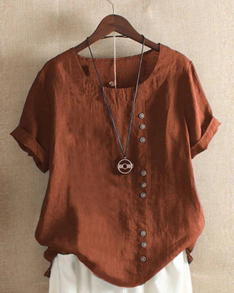 Women's Linen Tunic Top | Short Sleeve Rounded Neckline Shirt