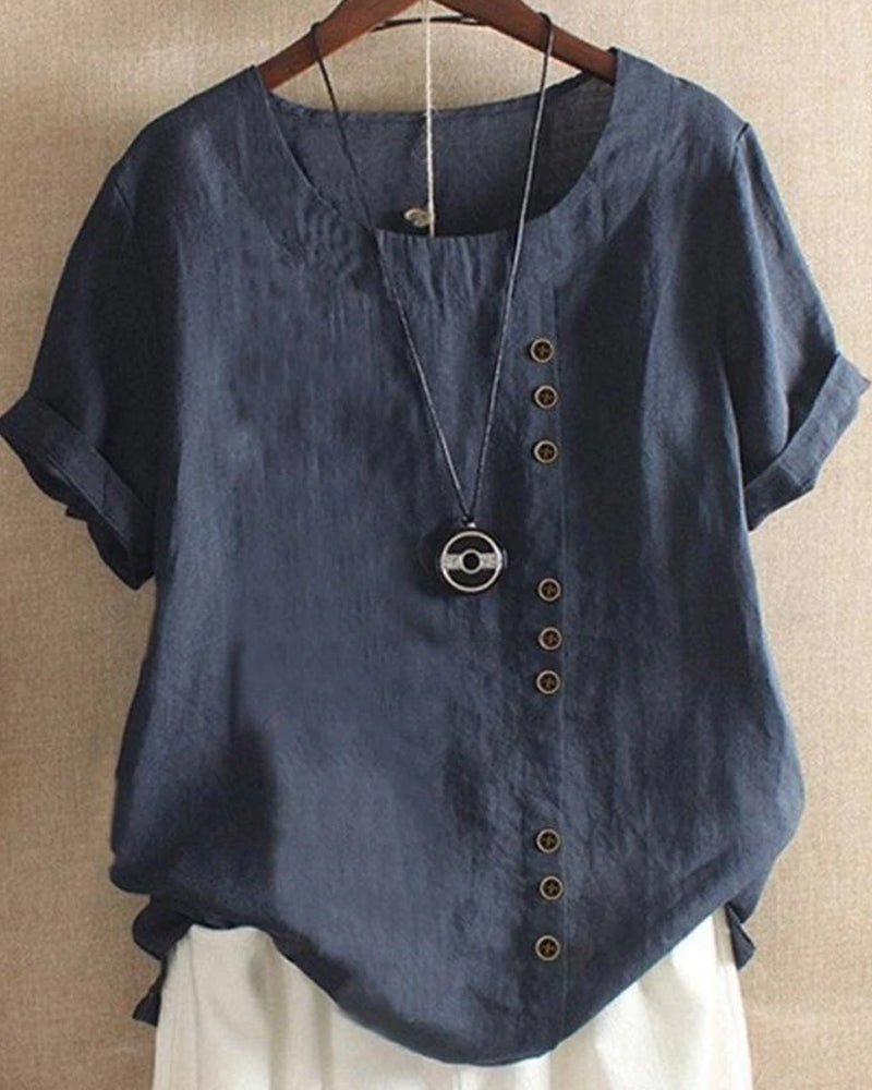 Women's Linen Tunic Top | Short Sleeve Rounded Neckline Shirt