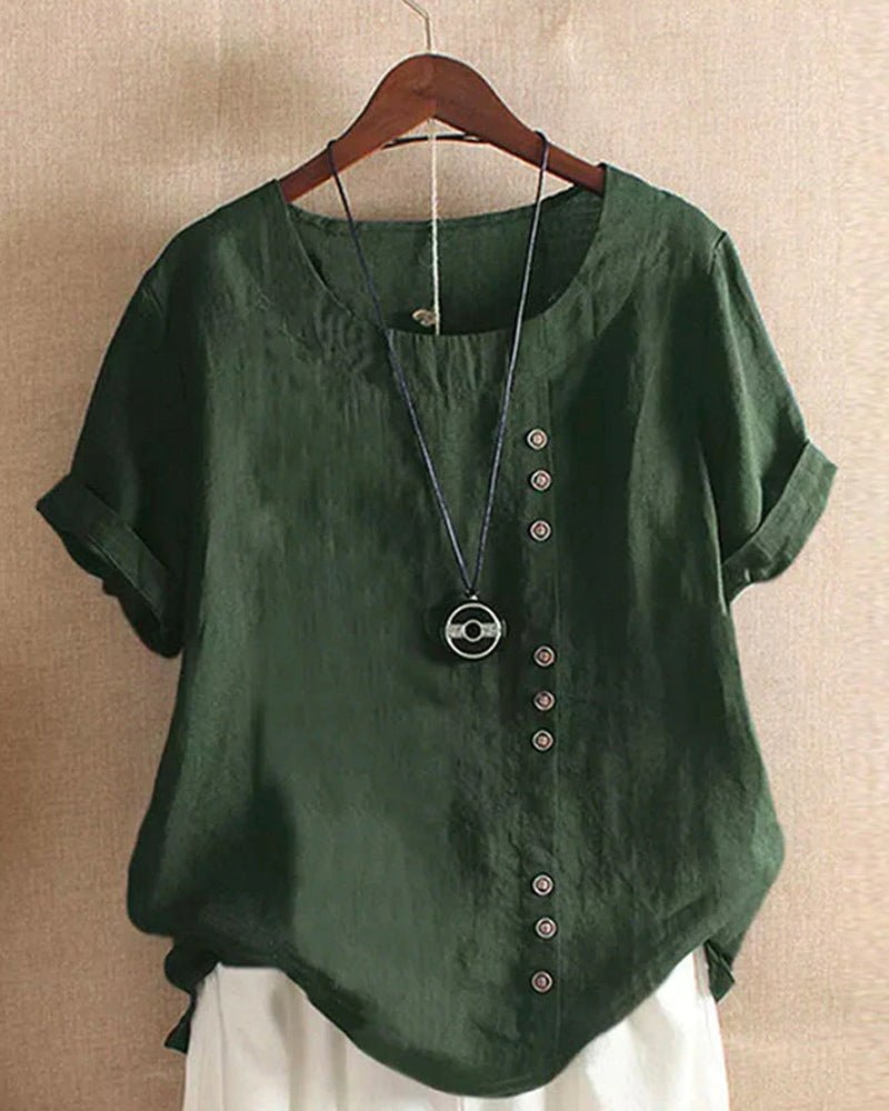 Women's Linen Tunic Top | Short Sleeve Rounded Neckline Shirt