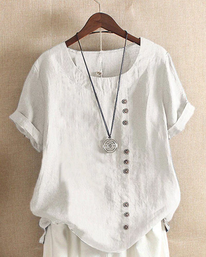 Women's Linen Tunic Top | Short Sleeve Rounded Neckline Shirt