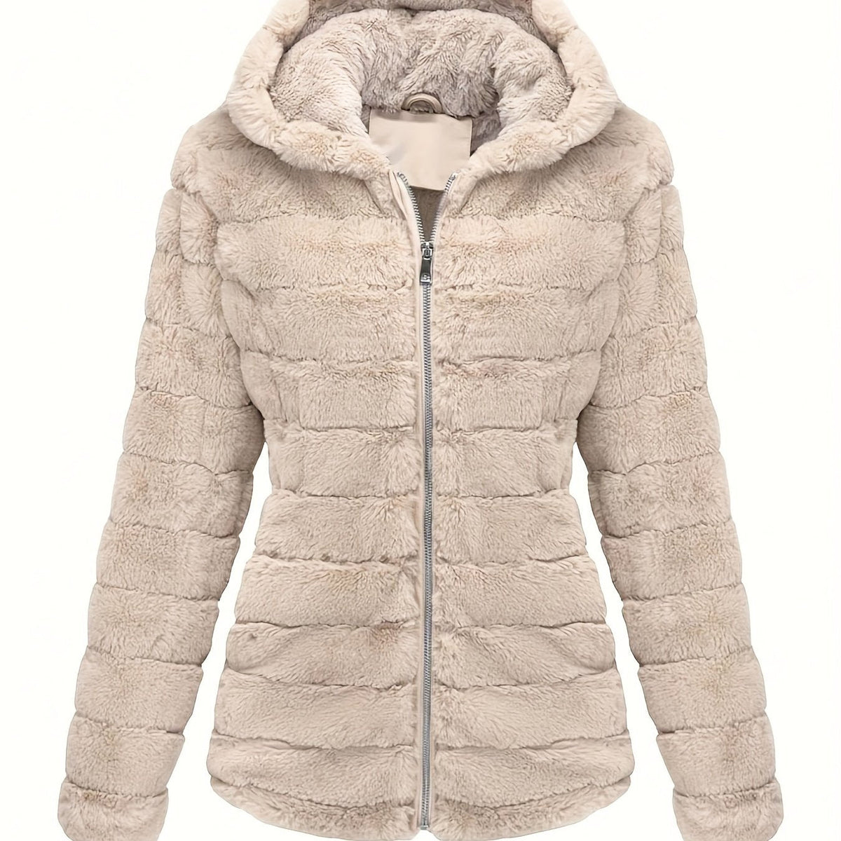 Women's Plush Faux Fur Hooded Winter Jacket with Soft Fluffy Texture and Relaxed Fit – Cosy Zip-Up Teddy Fleece Outerwear with Long Sleeves for Autumn and Winter Casual Everyday Wear