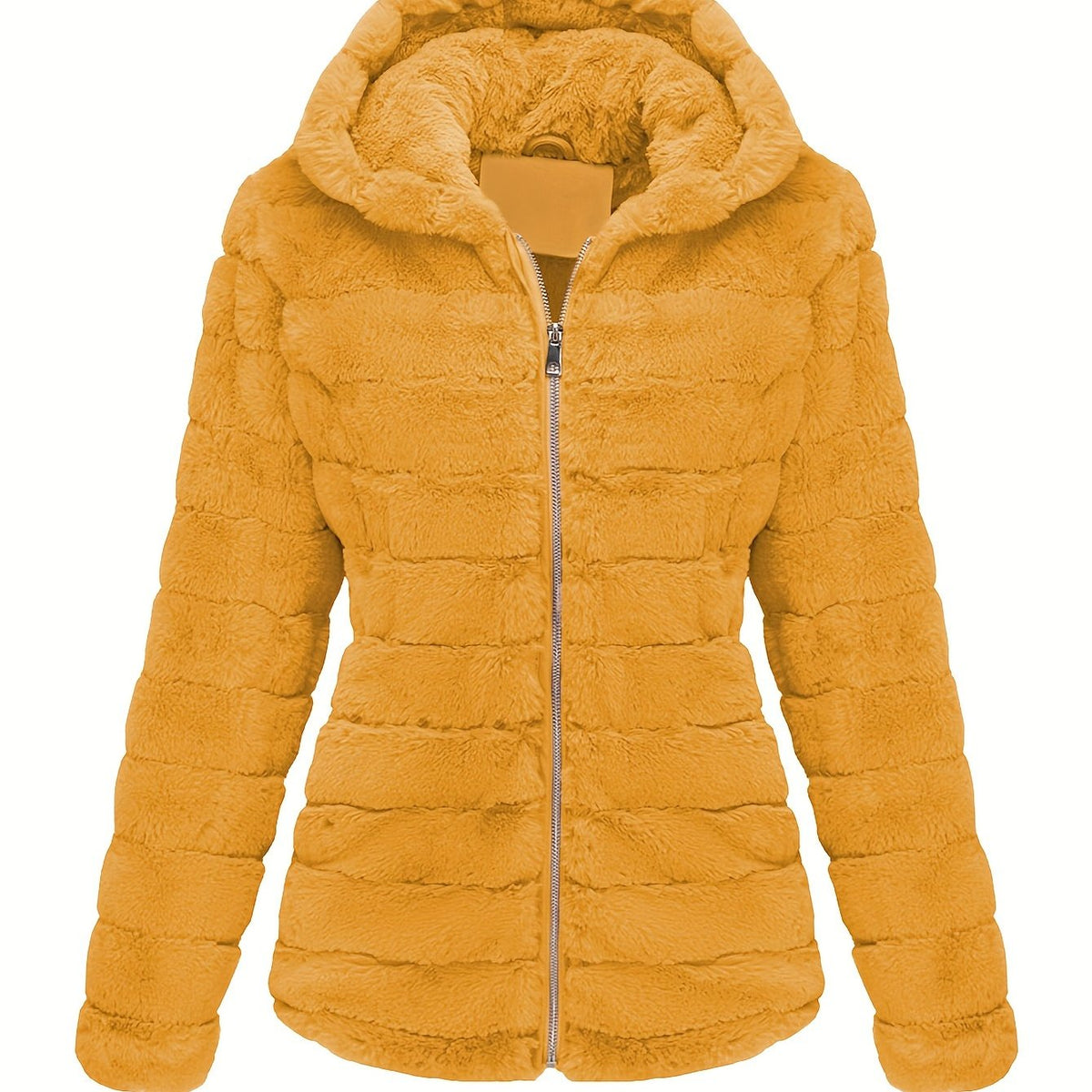 Women's Plush Faux Fur Hooded Winter Jacket with Soft Fluffy Texture and Relaxed Fit – Cosy Zip-Up Teddy Fleece Outerwear with Long Sleeves for Autumn and Winter Casual Everyday Wear