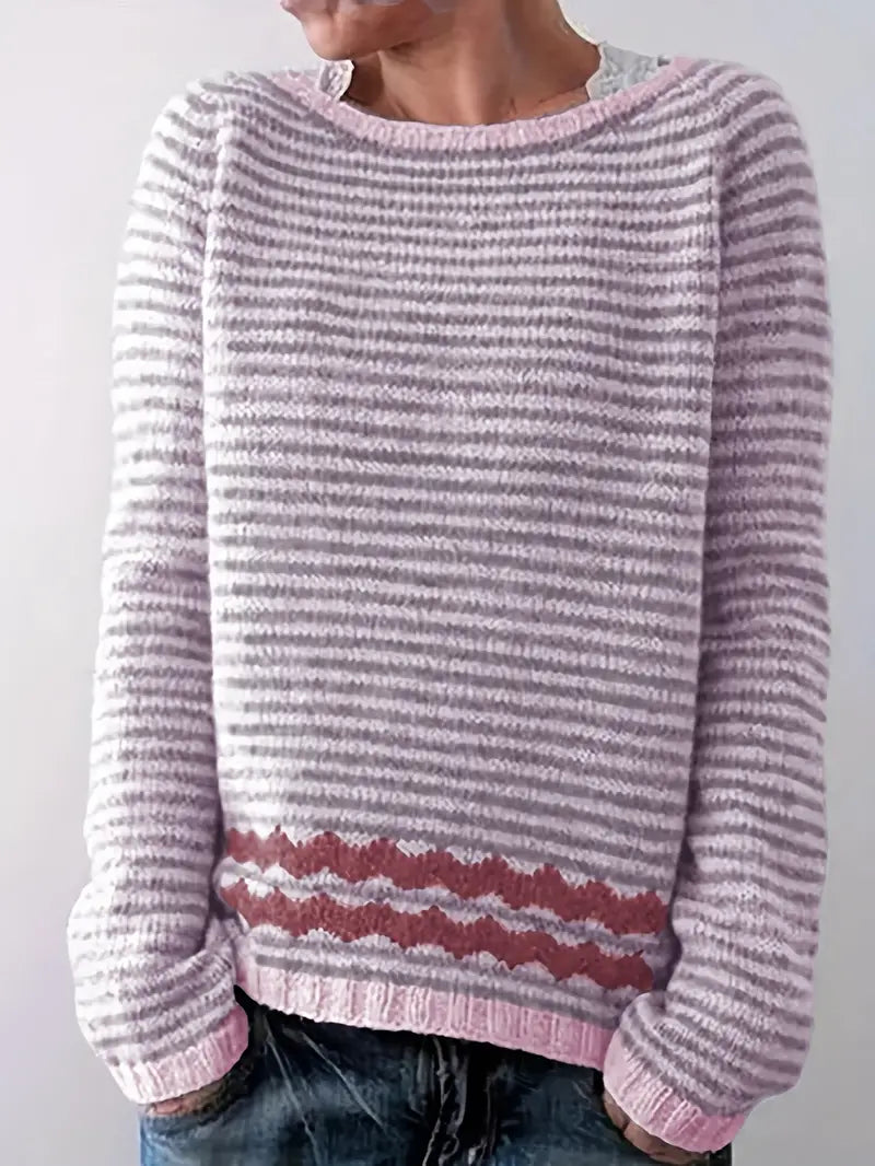 Gwen-Rose Patterned Hem Striped Sweater
