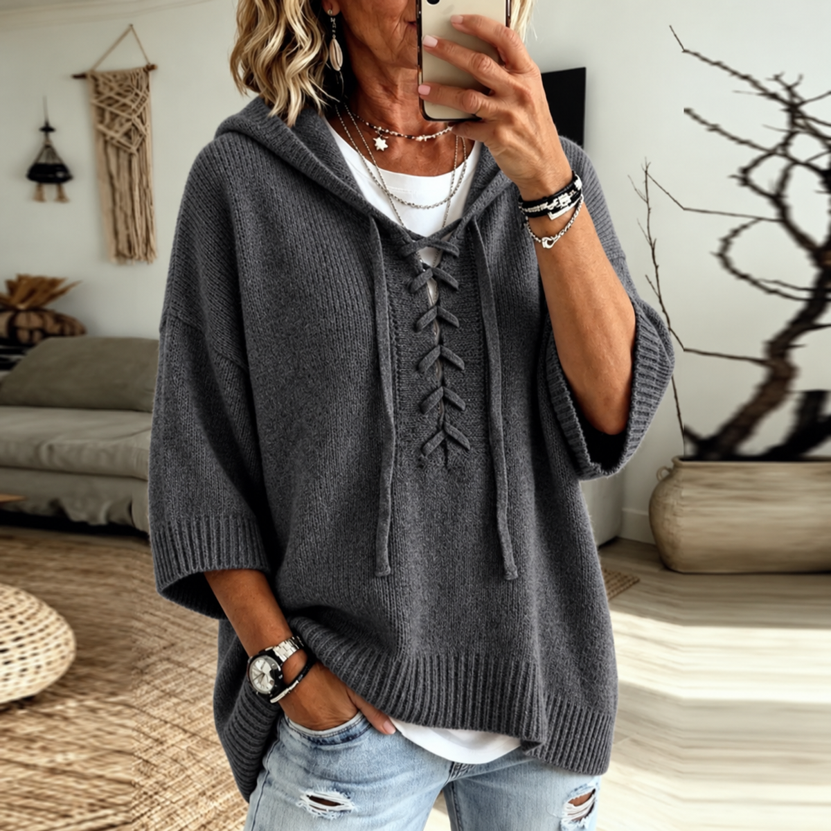 Sonja Lace-Up Hooded Knit Sweater