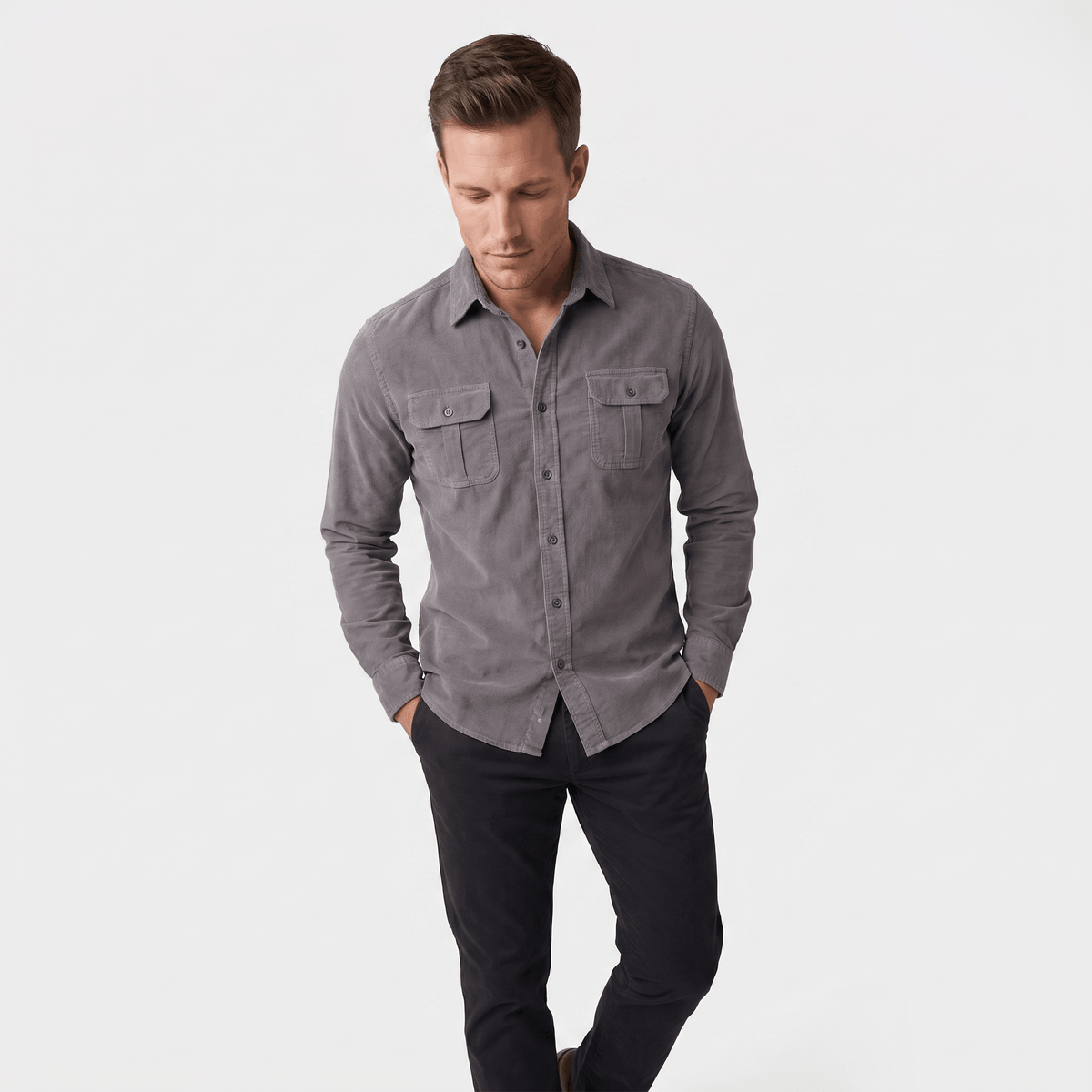 Steven Classic Corduroy Shirt – Regular Fit Spread Collar Twin Flap Pocket Everyday Top