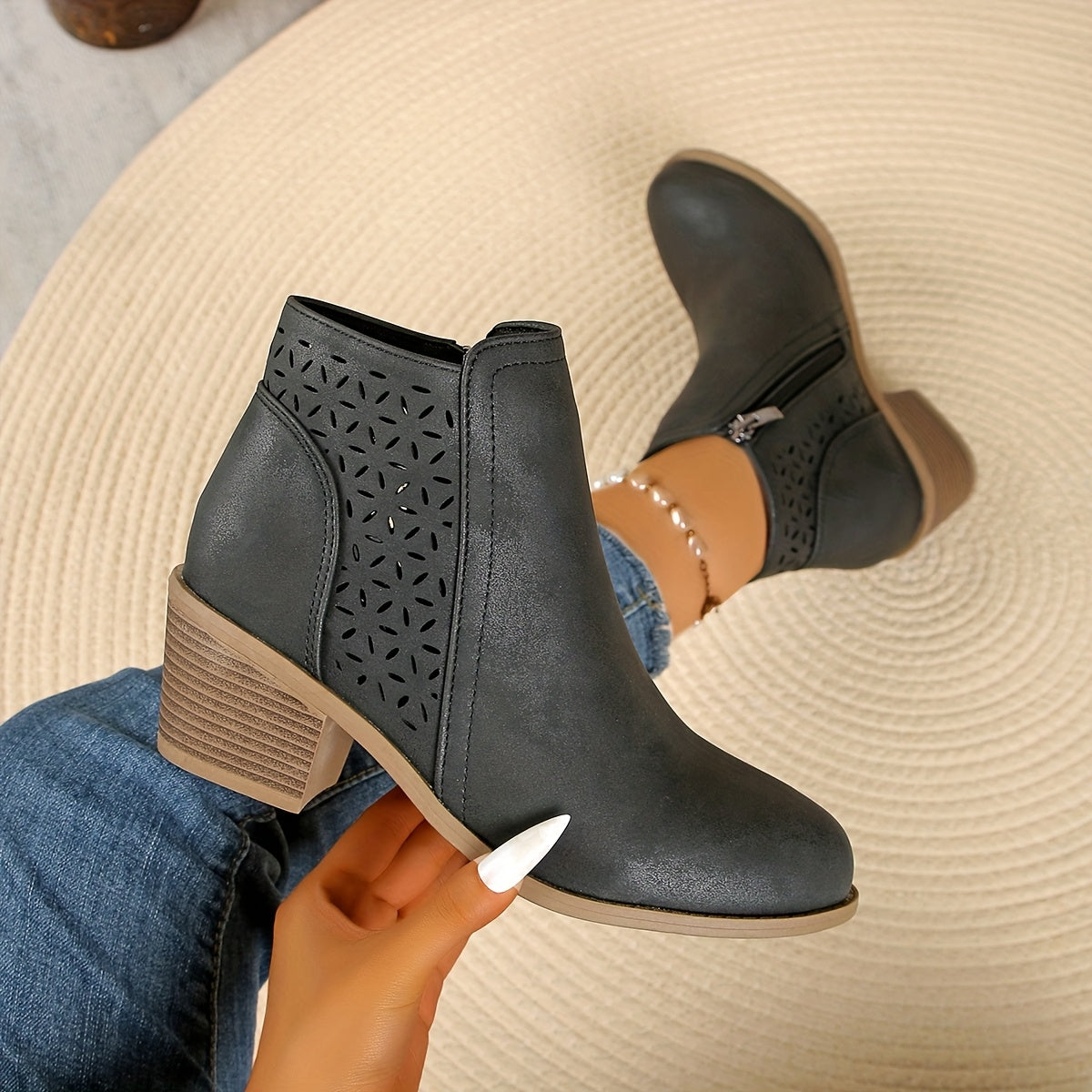 Women's Ankle Boots with Block Heel and Cutout Detail