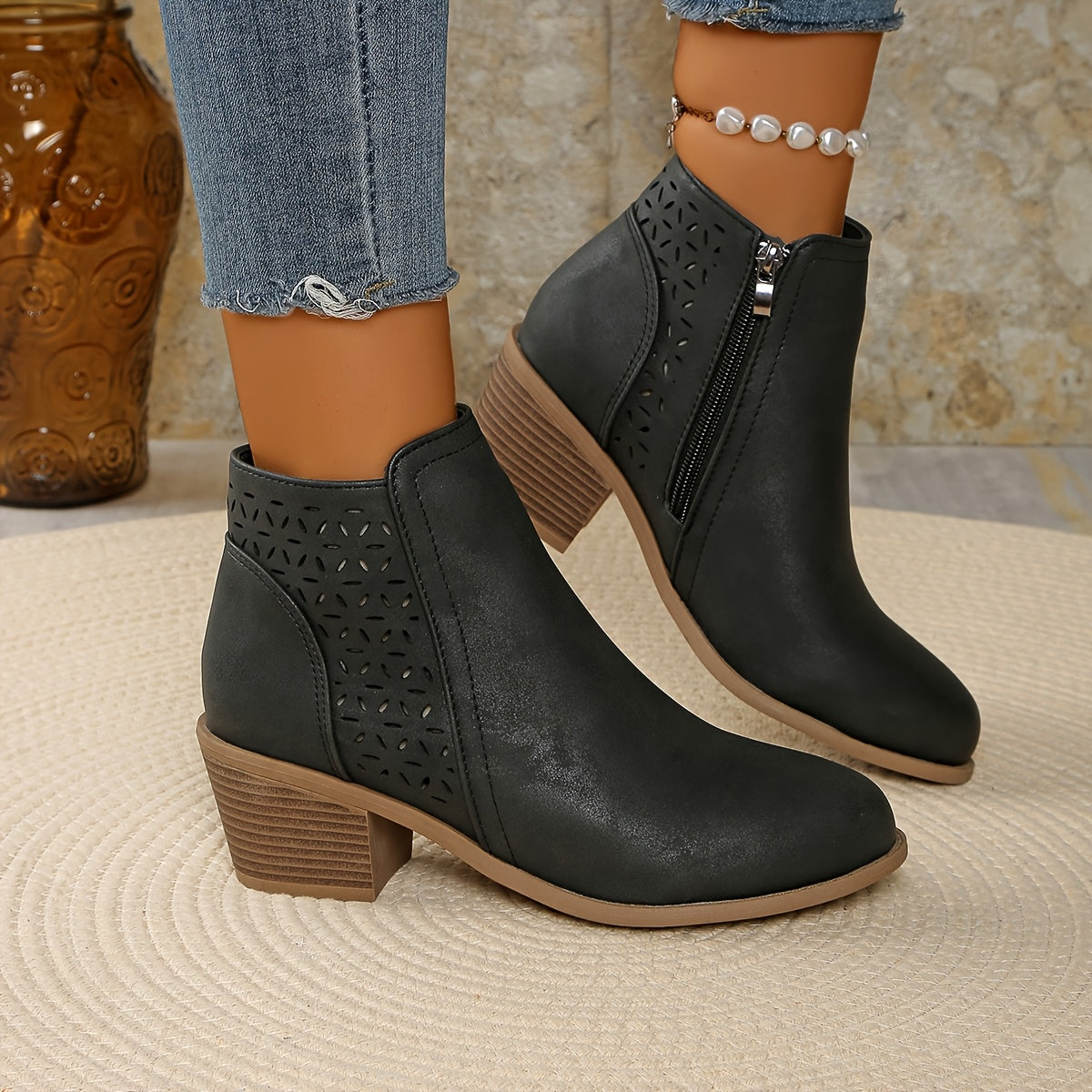 Women's Ankle Boots with Block Heel and Cutout Detail