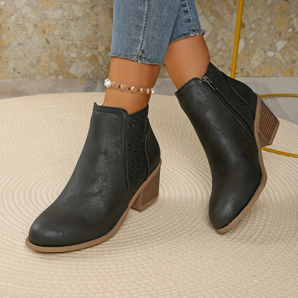 Women's Ankle Boots with Block Heel and Cutout Detail