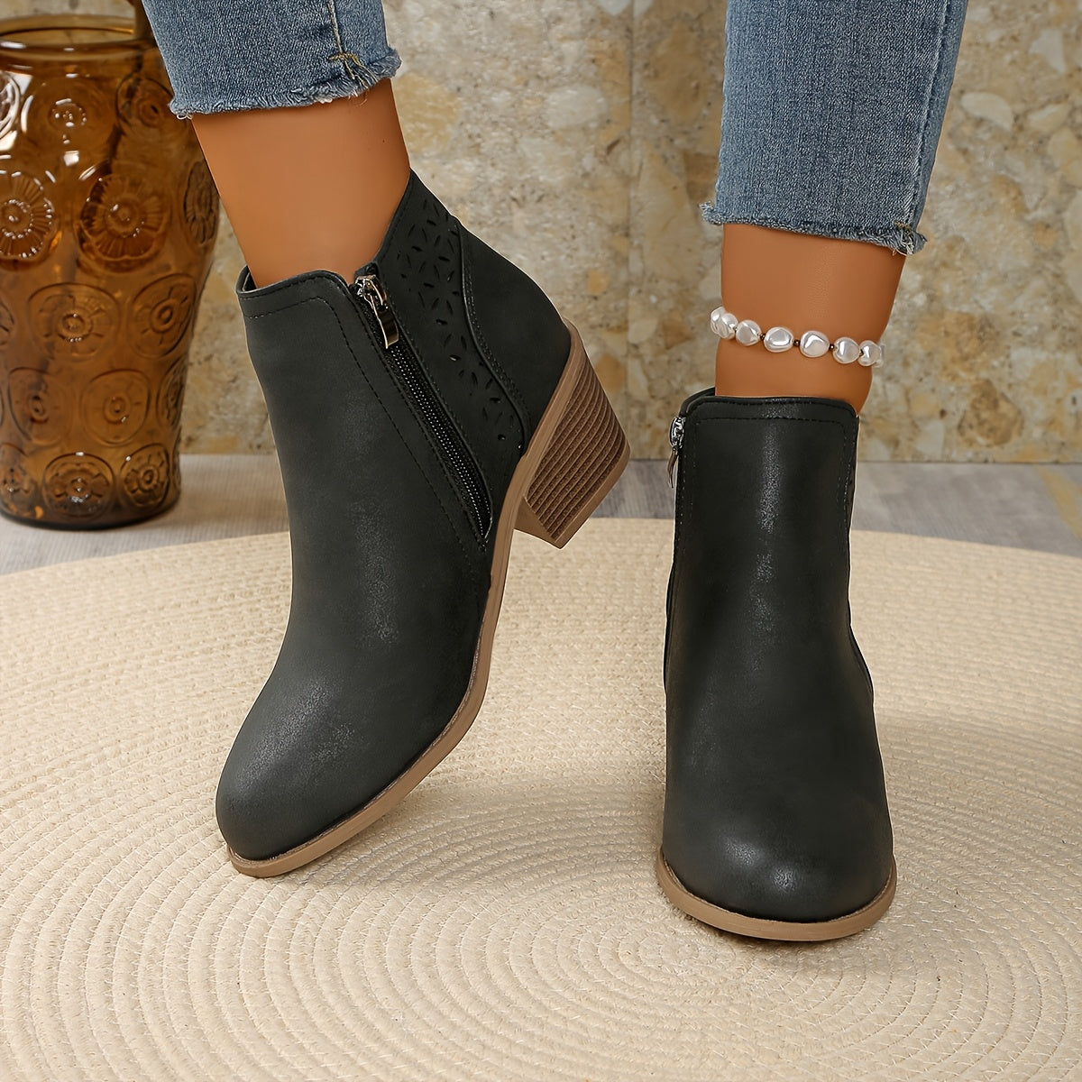 Women's Ankle Boots with Block Heel and Cutout Detail