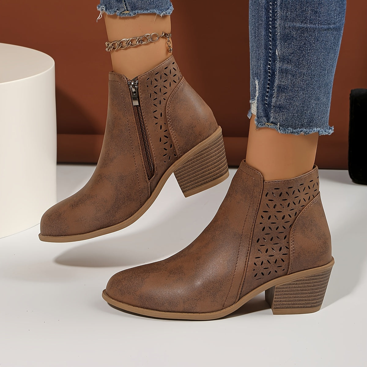 Women's Ankle Boots with Block Heel and Cutout Detail