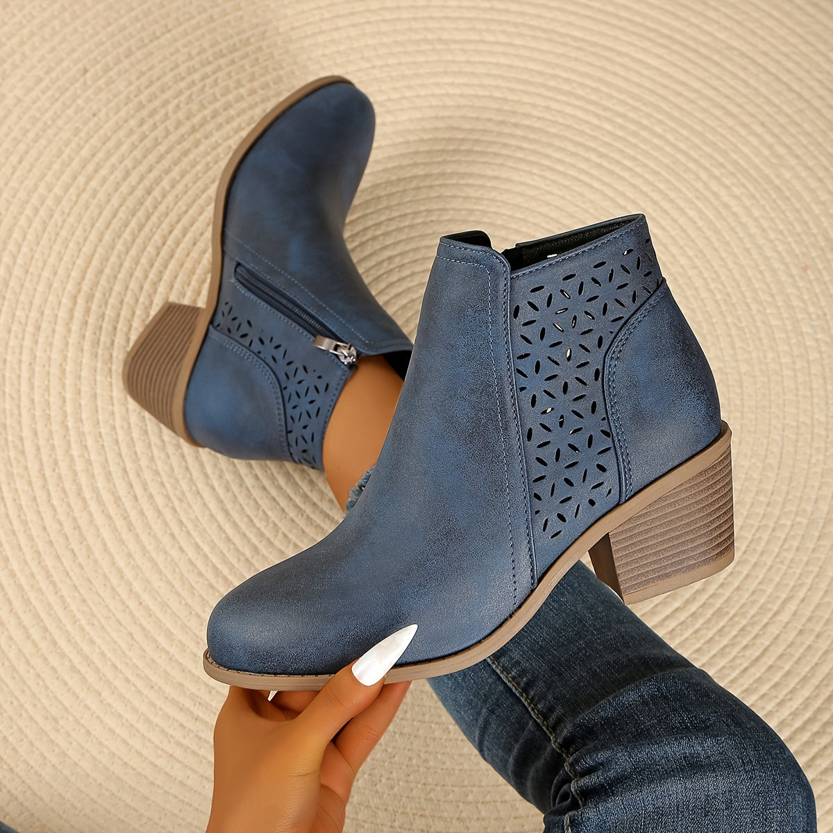 Women's Ankle Boots with Block Heel and Cutout Detail