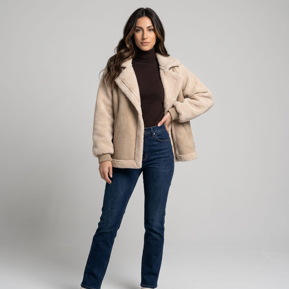 Suede Leather Shearling Aviator Jacket – Oversized Lapel & Sherpa Trim | Calla