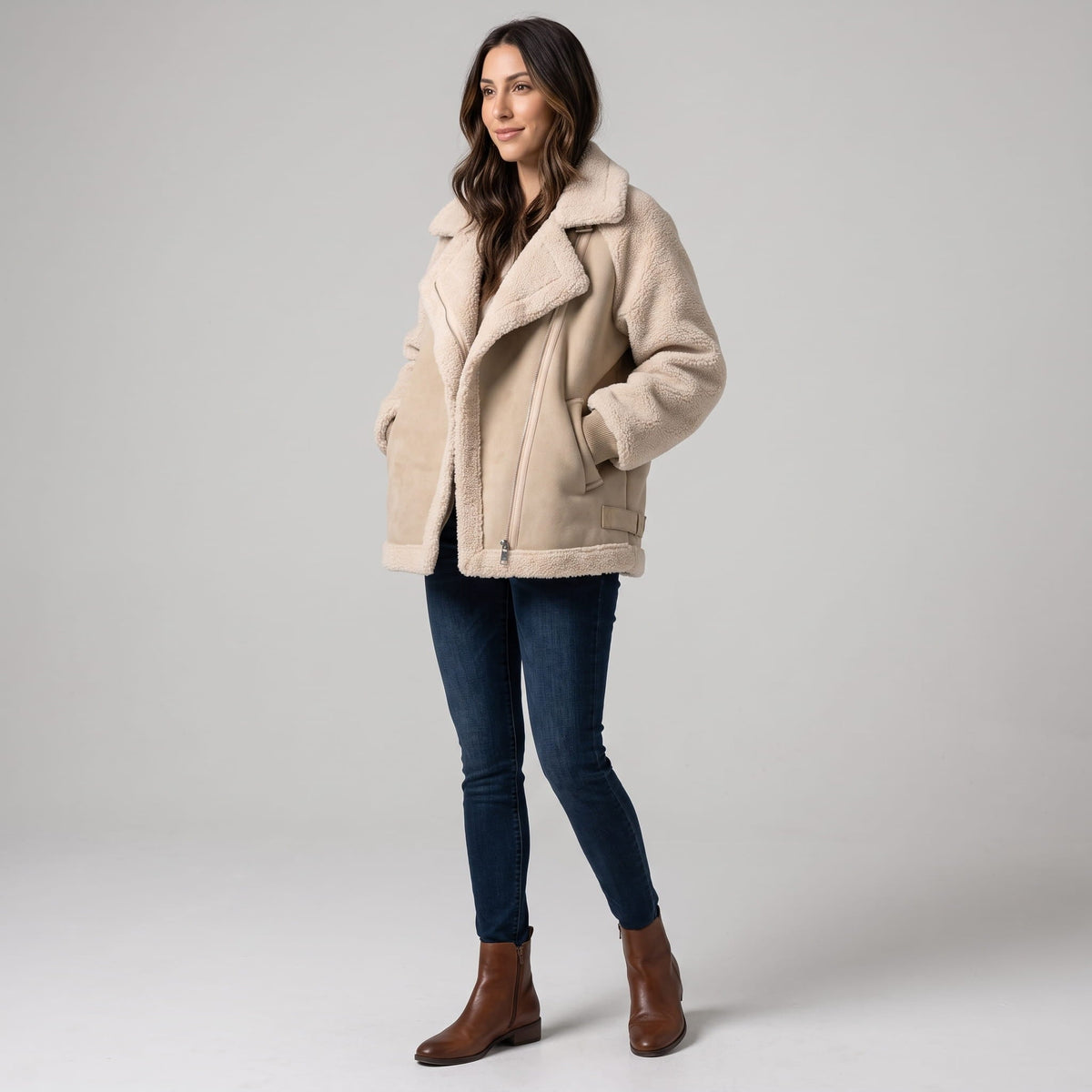 Suede Leather Shearling Aviator Jacket – Oversized Lapel & Sherpa Trim | Calla