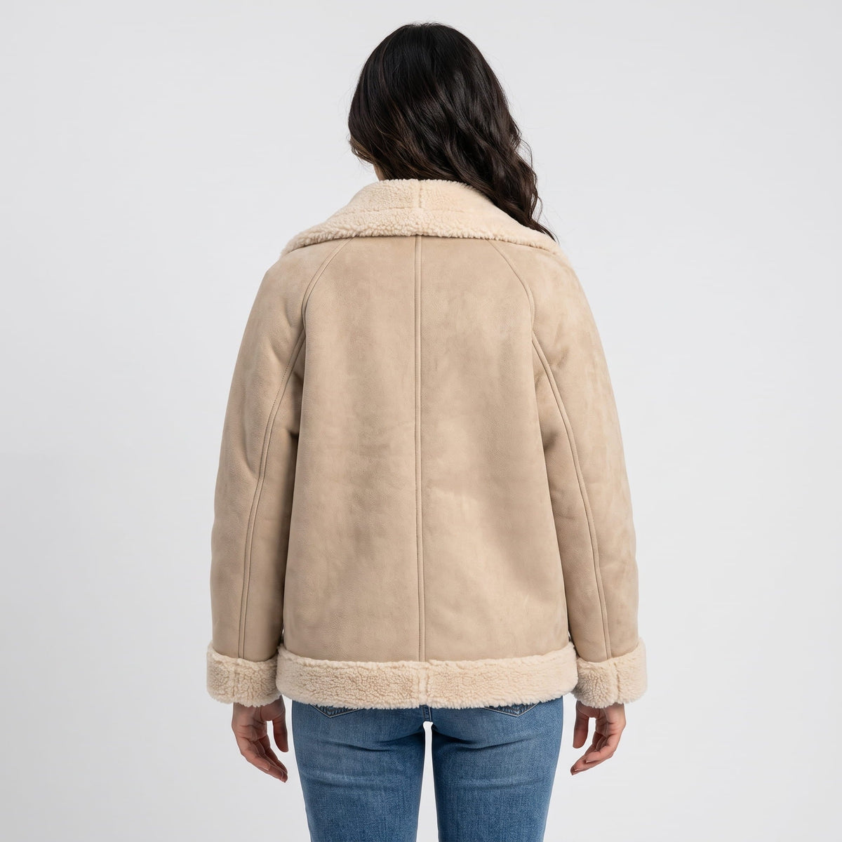 Suede Leather Shearling Aviator Jacket – Oversized Lapel & Sherpa Trim | Calla