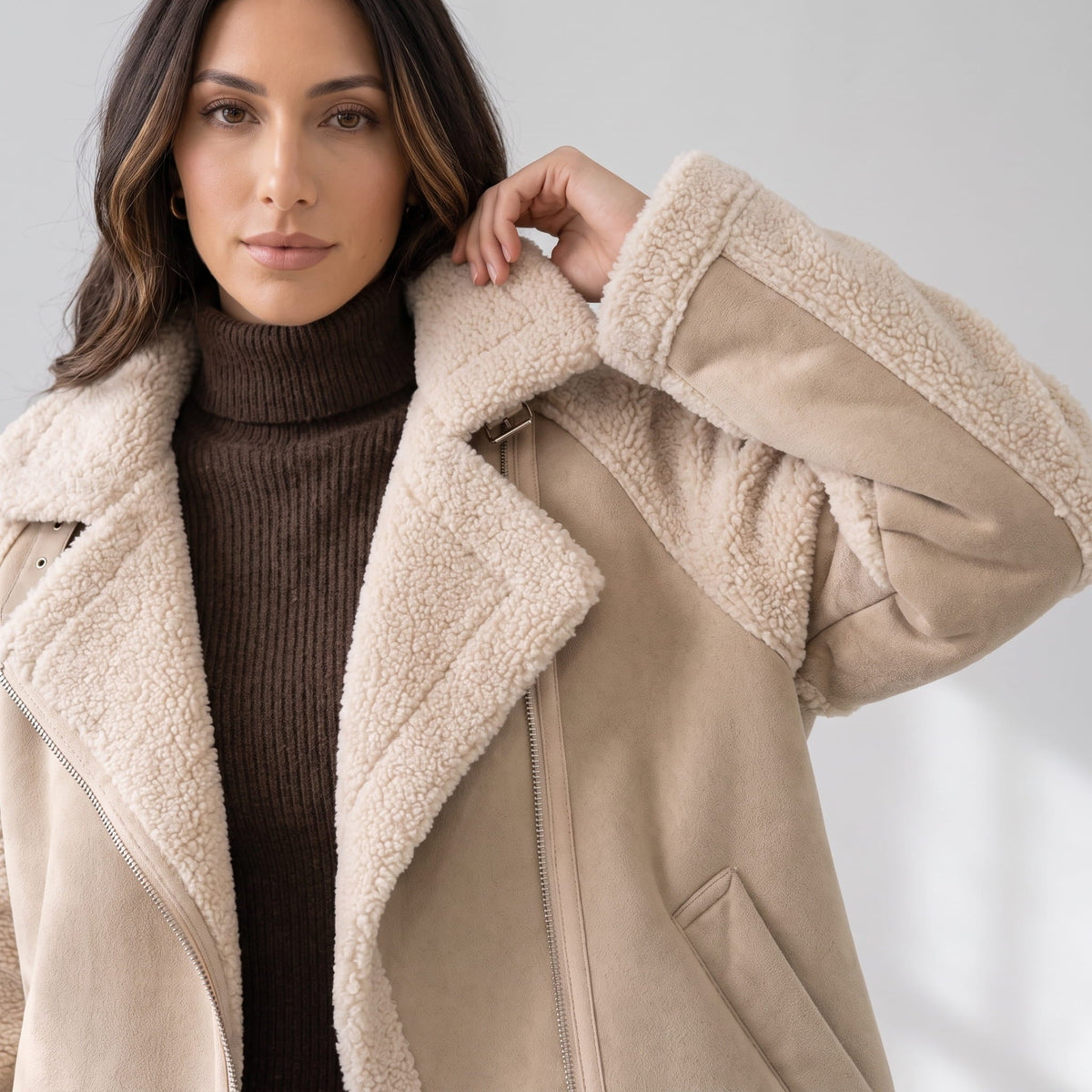 Suede Leather Shearling Aviator Jacket – Oversized Lapel & Sherpa Trim | Calla