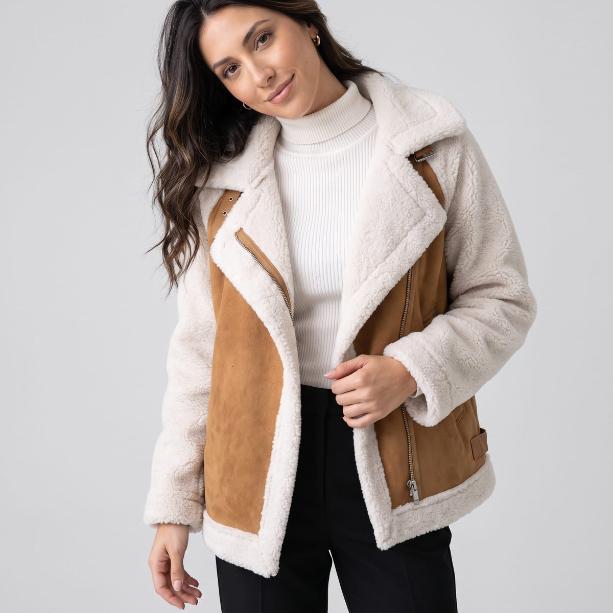 Suede Leather Shearling Aviator Jacket – Oversized Lapel & Sherpa Trim | Calla